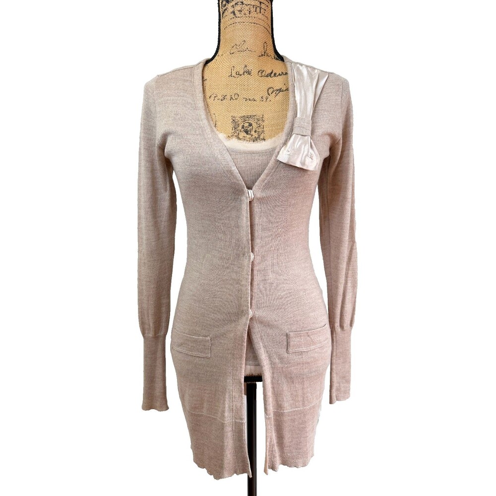 Zucchero Women's Beige Cardigan Tank Twinset Bow Accent Long Sweater Size S